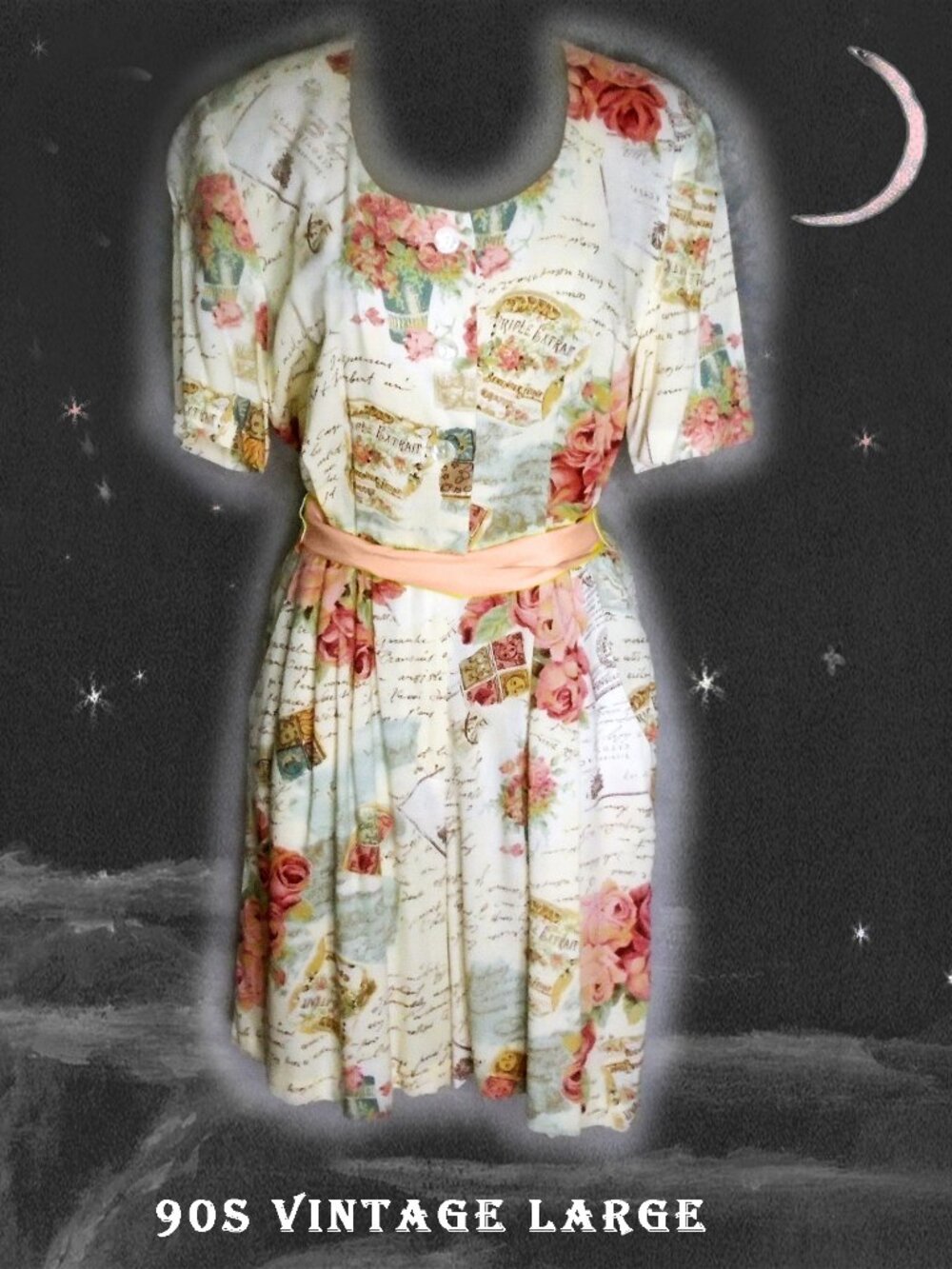 Vintage Rayon Romper With Pockets, Fun Postcard Print, Pink Floral - Large Size